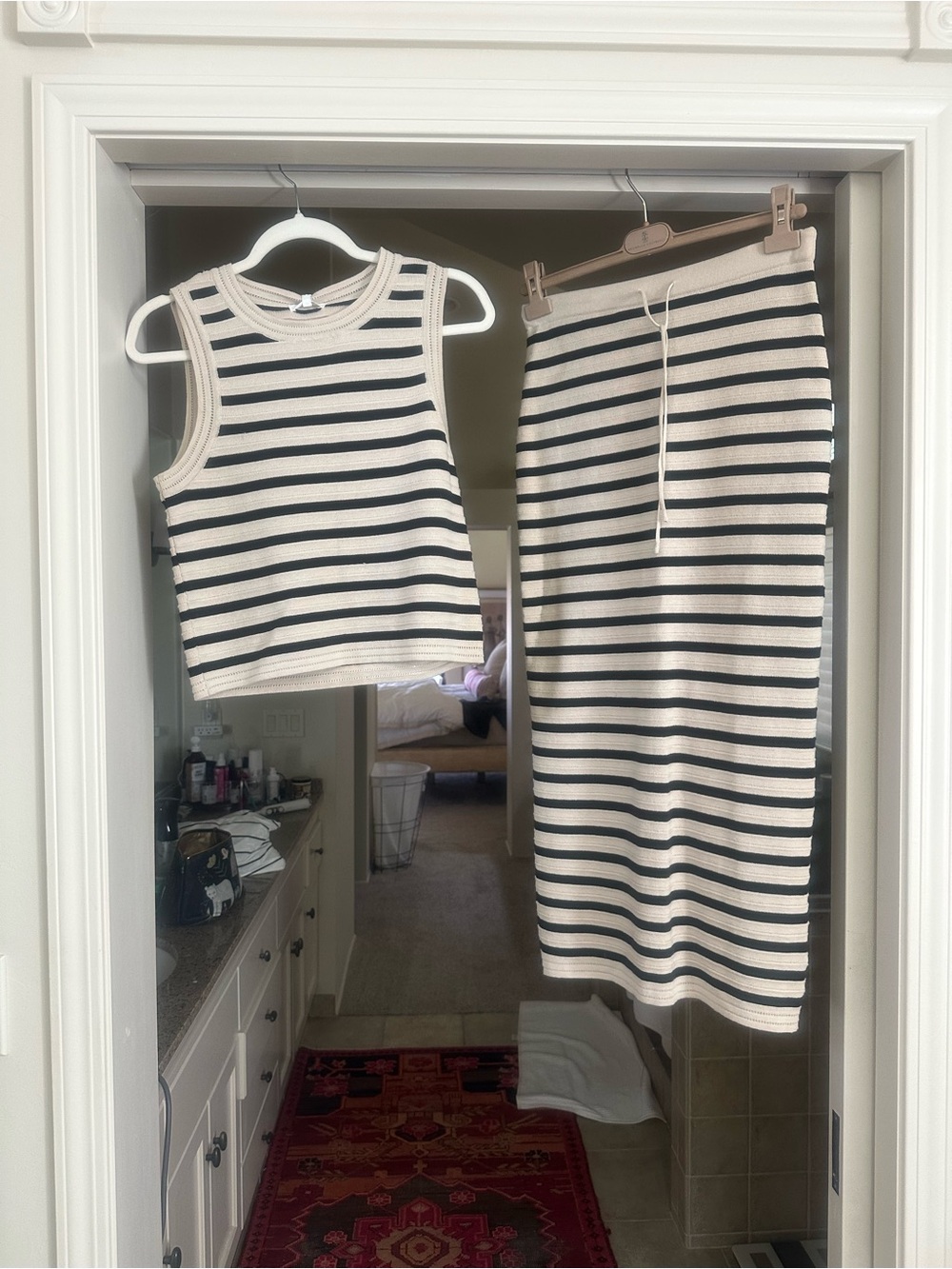 Z supply Striped Knit Tank and Midi Skirt Set - Black & Cream